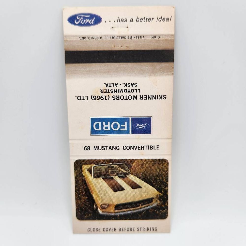 Vintage Matchbook 1968 Ford Mustang Convertible Lloydminster Saskatchewan Canada